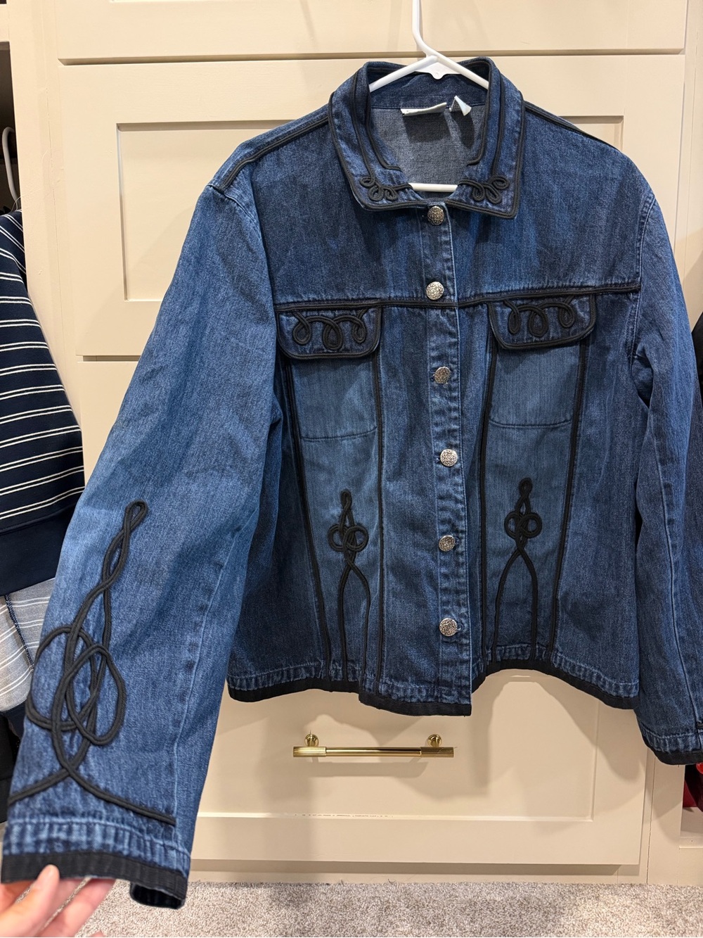 Chico's design Blue Denim Jacket with Black Embroidery Trim - Picture 2 of 4